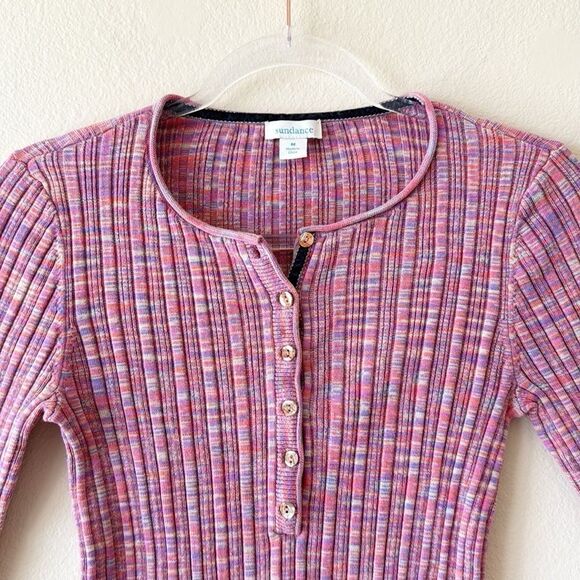 Sundance Flora Ridge Henley Pink Multicolored 3/4 Sleeve Top - Picture 2 of 7
